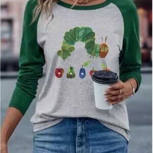 Caterpillar Fruit Graphic Raglan Tee Vintage Style Top Green Gray XXL